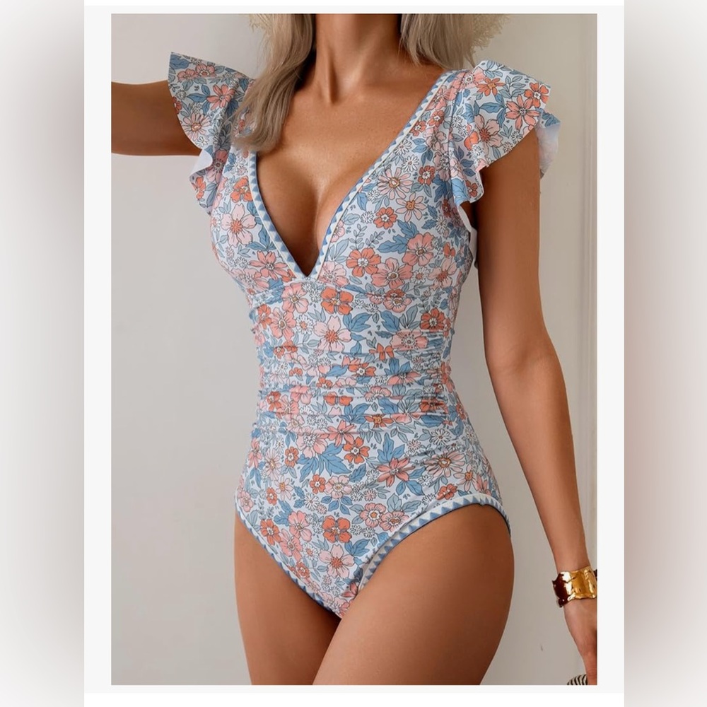 One Piece Swimsuit with Ruffle Sleeves by Aidonger